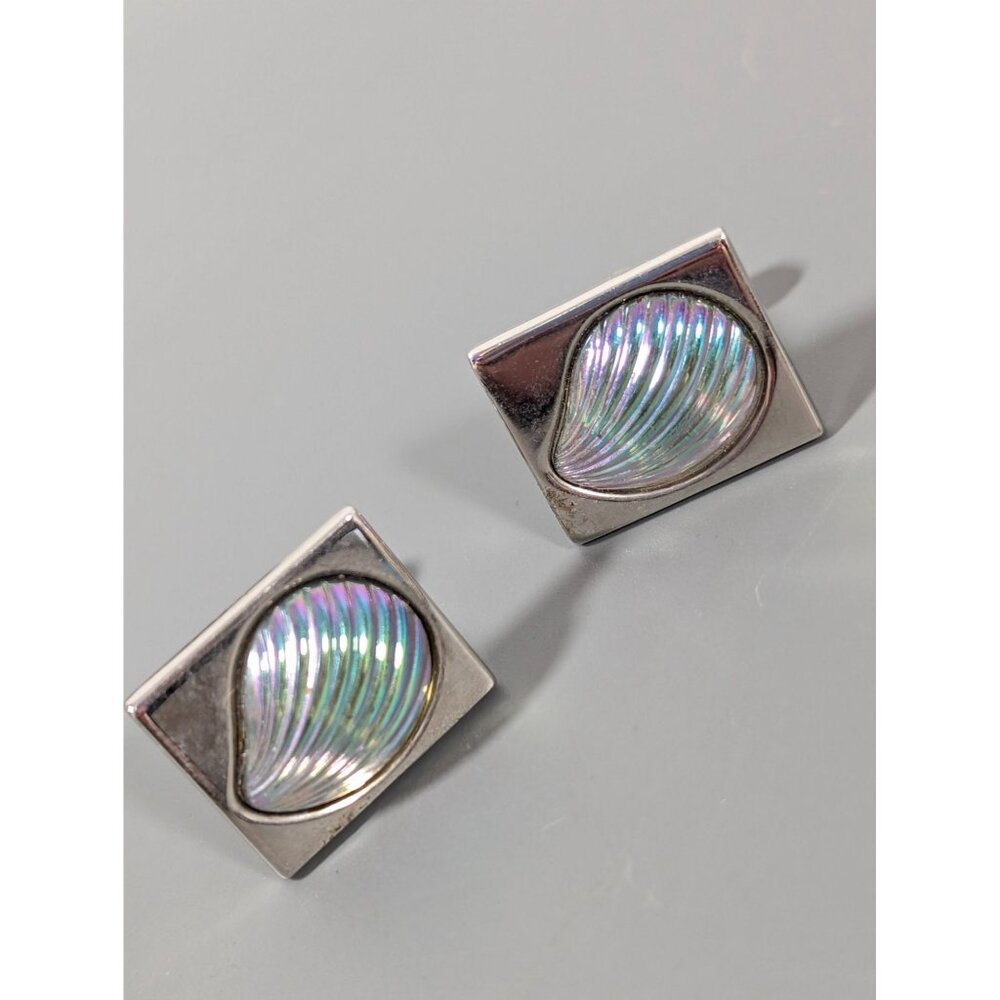 Vintage Hickok USA Iridescent‎ Lucite Shell Square Cufflinks SIlver Tone